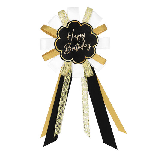 Rozet 'Happy Birthday' Goud/Zwart/Wit