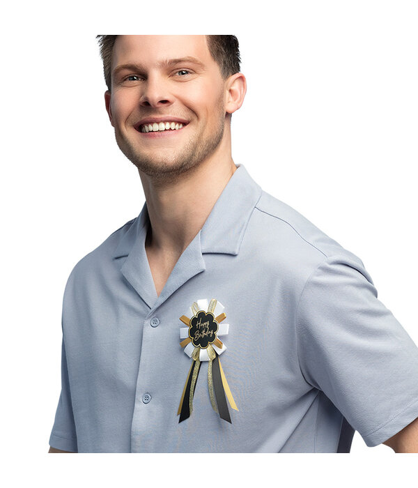 Rozet 'Happy Birthday' Goud/Zwart/Wit