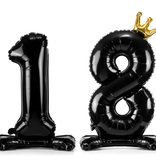 Folieballon Cijfer 18 Zwart Met Gouden Kroontje Op Standaard (84cm)