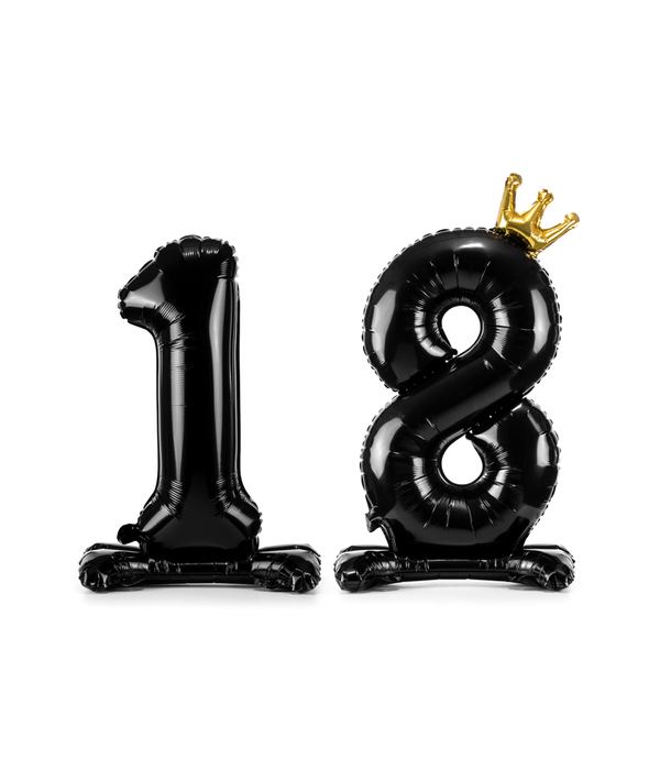 Folieballon Cijfer 18 Zwart Met Gouden Kroontje Op Standaard (84cm)