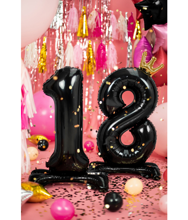 Folieballon Cijfer 18 Zwart Met Gouden Kroontje Op Standaard (84cm)
