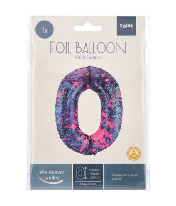 Folieballon Cijfer 0 Paint Splash Neon (86cm)