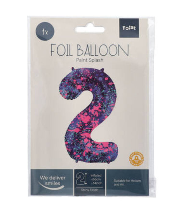 Folieballon Cijfer 2 Paint Splash Neon (86cm)
