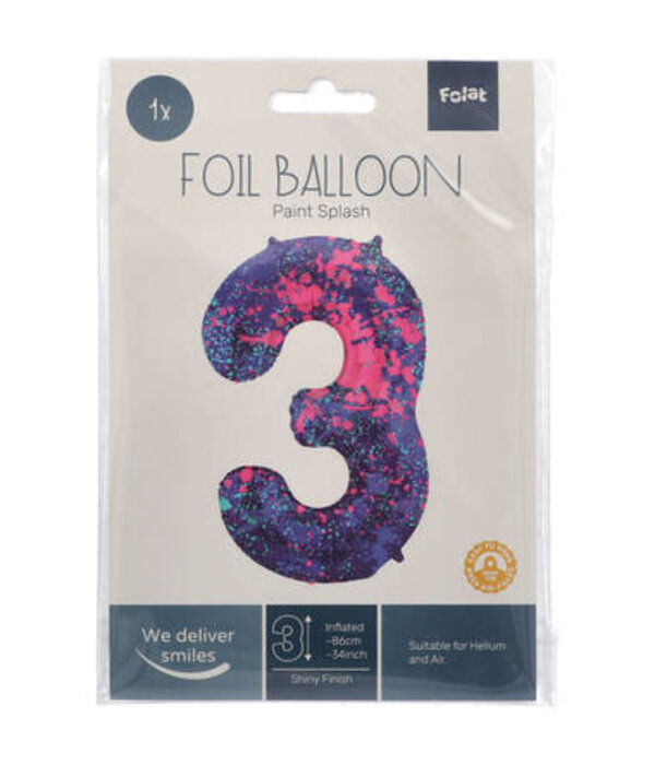 Folieballon Cijfer 3 Paint Splash Neon (86cm)