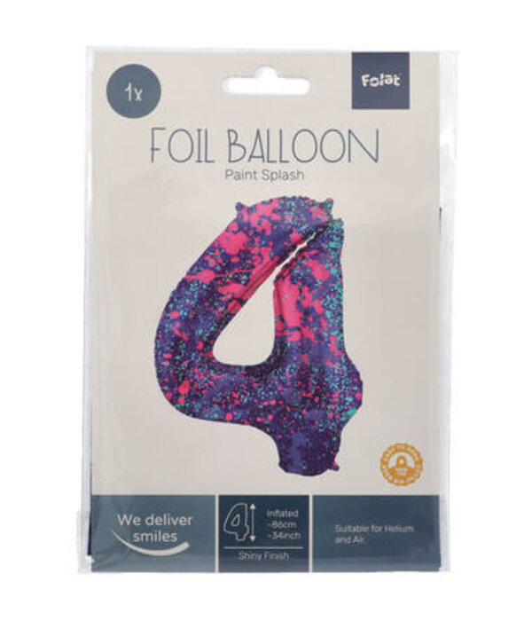 Folieballon Cijfer 4 Paint Splash Neon (86cm)