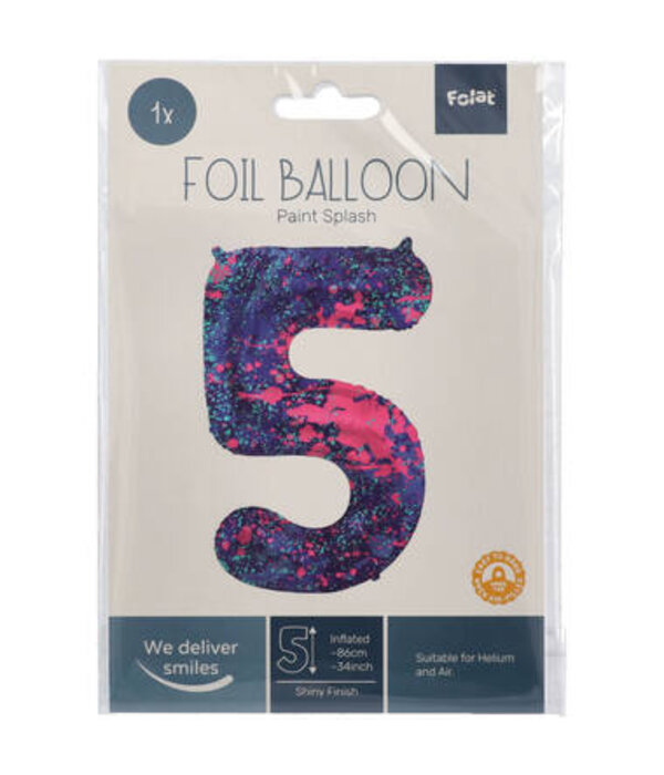 Folieballon Cijfer 5 Paint Splash Neon (86cm)