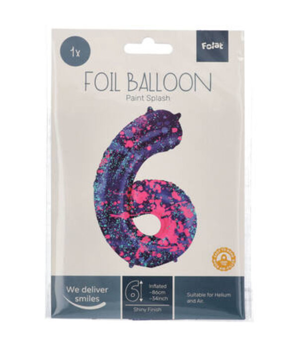 Folieballon Cijfer 6 Paint Splash Neon (86cm)