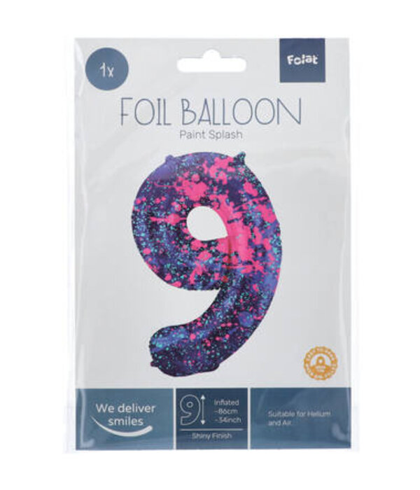 Folieballon Cijfer 9 Paint Splash Neon (86cm)