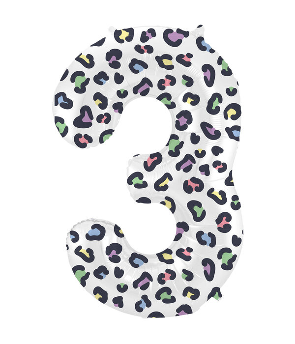 Folieballon Cijfer 3 Wit Met Panterprint  (86cm)