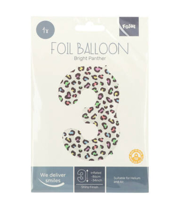 Folieballon Cijfer 3 Wit Met Panterprint  (86cm)