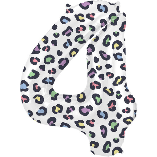 Folieballon Cijfer 4 Wit Met Panterprint (86cm)