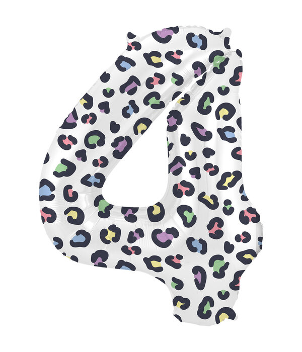 Folieballon Cijfer 4 Wit Met Panterprint (86cm)