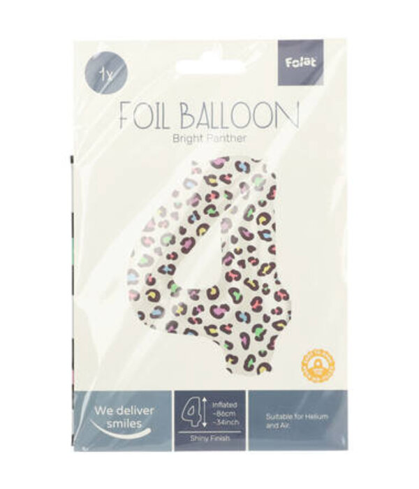 Folieballon Cijfer 4 Wit Met Panterprint (86cm)