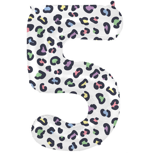 Folieballon Cijfer 5 Wit Met Panterprint  (86cm)