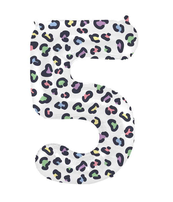 Folieballon Cijfer 5 Wit Met Panterprint  (86cm)