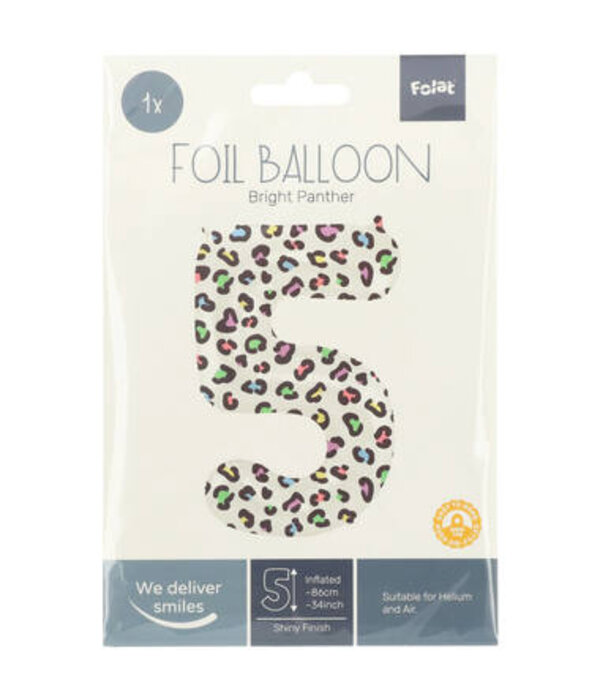 Folieballon Cijfer 5 Wit Met Panterprint  (86cm)