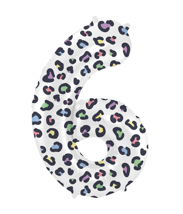 Folieballon Cijfer 6 Wit Met Panterprint  (86cm)