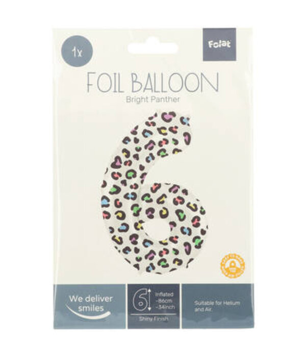 Folieballon Cijfer 6 Wit Met Panterprint  (86cm)