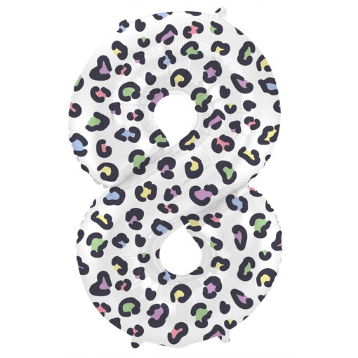 Folieballon Cijfer 8 Wit Met Panterprint  (86cm)
