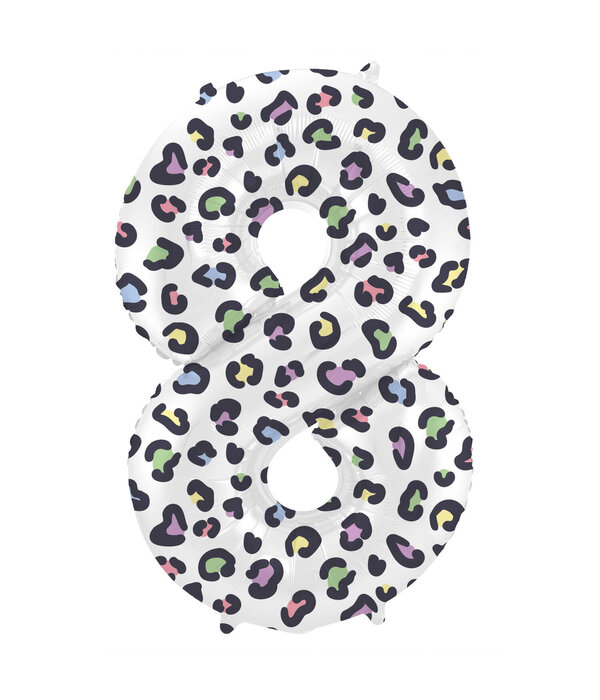 Folieballon Cijfer 8 Wit Met Panterprint  (86cm)