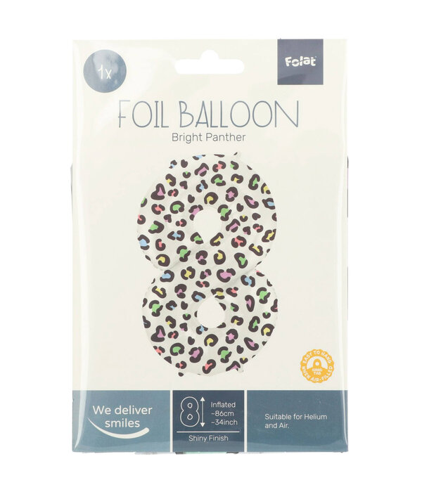 Folieballon Cijfer 8 Wit Met Panterprint  (86cm)