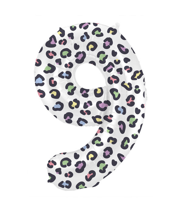 Folieballon Cijfer 9 Wit Met Panterprint (86cm)