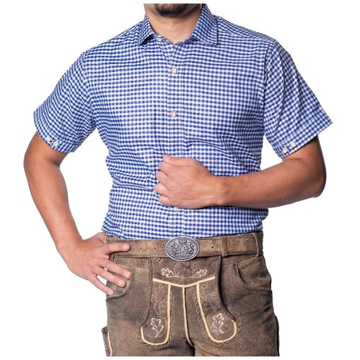 Trachtenhemd Korte Mouw Leopold Blauw Geblokt
