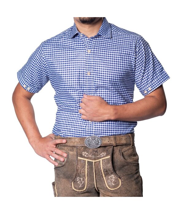 Trachtenhemd Korte Mouw Leopold Blauw Geblokt