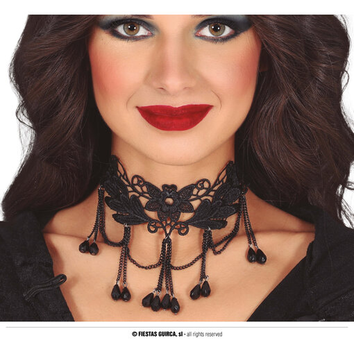 Zwarte Ketting Bloemenpatroon met steentjes