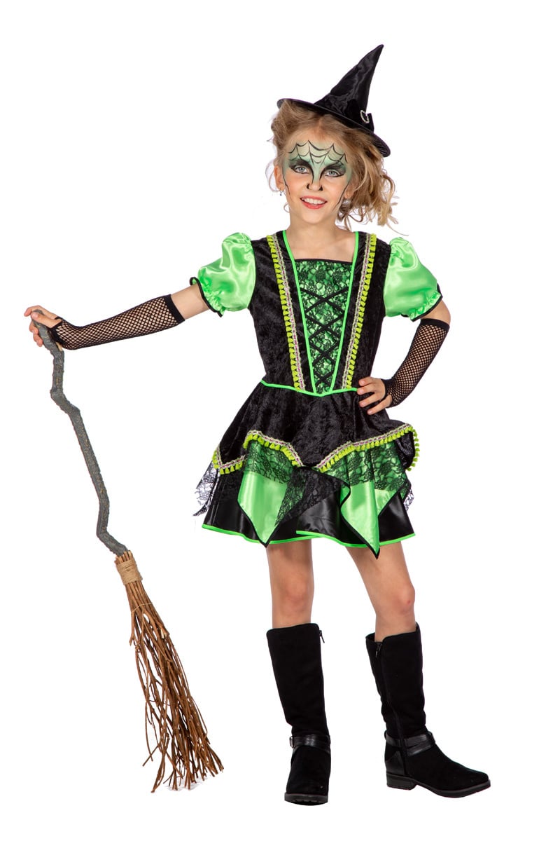 Wilbers - Heks & Spider Lady & Voodoo & Duistere Religie Kostuum - Groene Heks Bosalina - Meisje - groen,zwart - Maat 128 - Halloween - Verkleedkleding