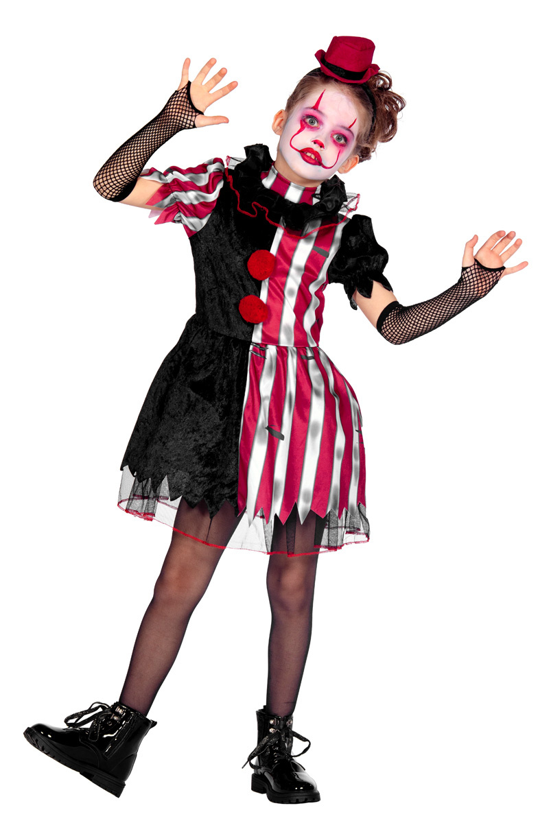 Wilbers & Wilbers - Monster & Griezel Kostuum - Ondeugende Scary Scarlet Clown - Meisje - Rood, Zwart - Maat 116 - Halloween - Verkleedkleding