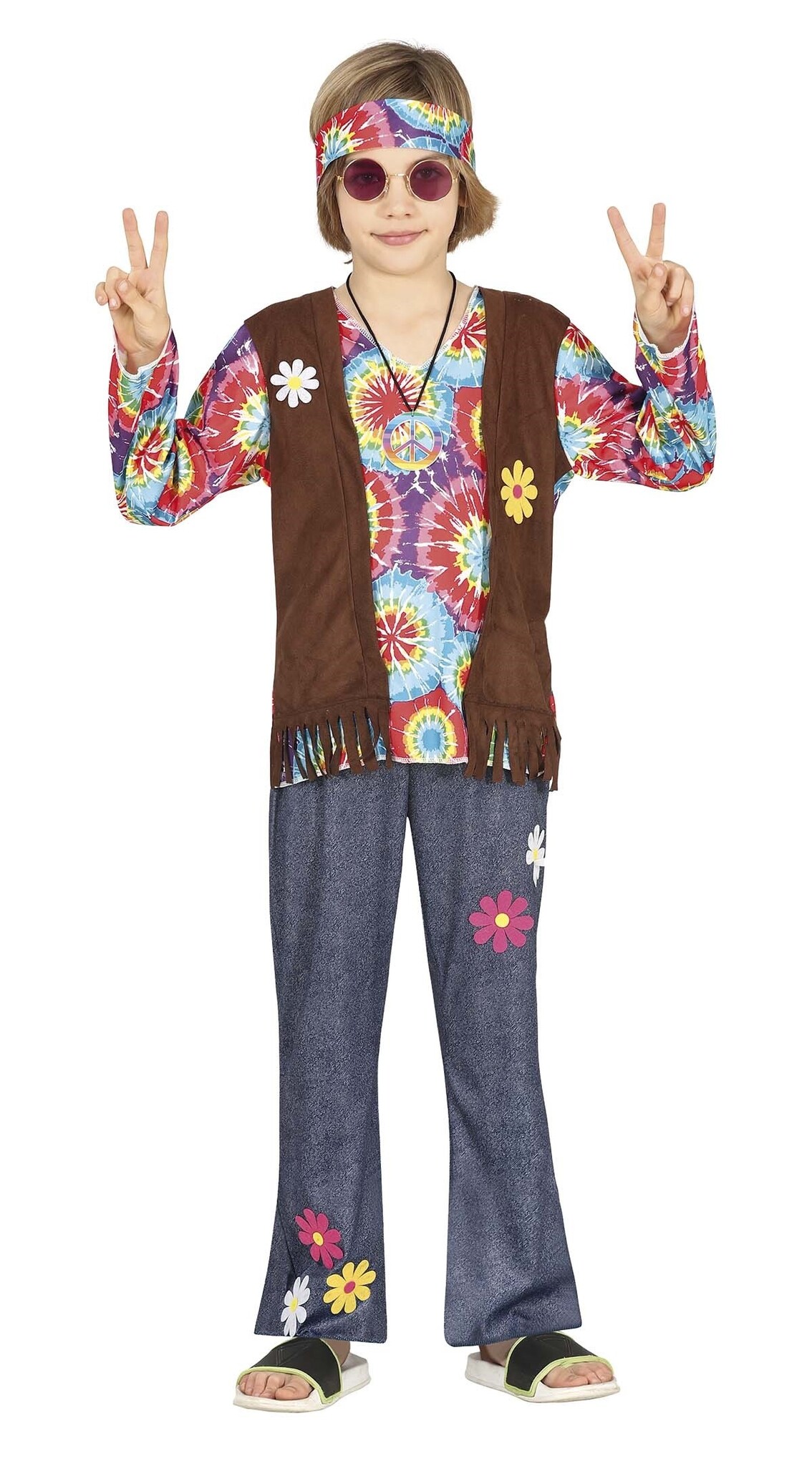 Guirca - Hippie Kostuum - Power To The Flower Hippie Johny - Jongen - Blauw, Bruin, Multicolor - 10 - 12 jaar - Carnavalskleding - Verkleedkleding