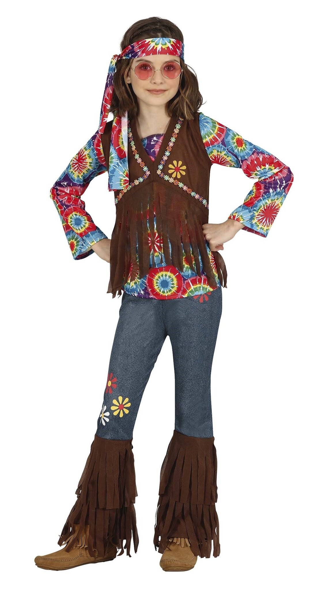 Guirca - Hippie Kostuum - Easy Peasy Hippie - Meisje - bruin,multicolor - 5 - 6 jaar - Carnavalskleding - Verkleedkleding