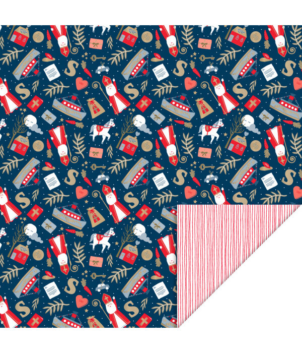 Cadeaupapier Rol Pakjesavond Blue - Stripes Deep Red (3m)