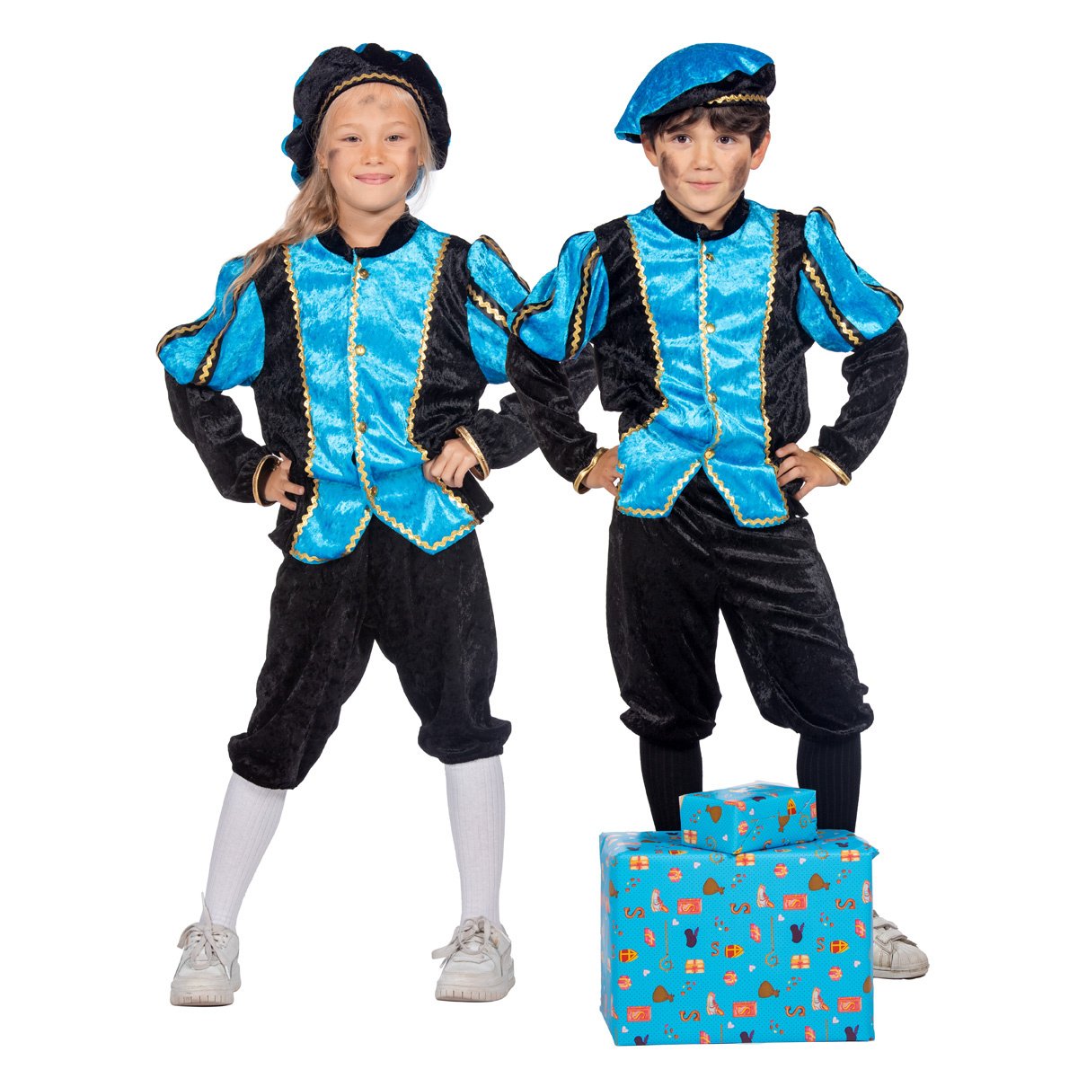 Wilbers & Wilbers - Zwarte Pietenpakken - Vrolijk Pietje Aqua Pietenpak Kind Kostuum - Blauw - Maat 128 - Sinterklaas - Verkleedkleding