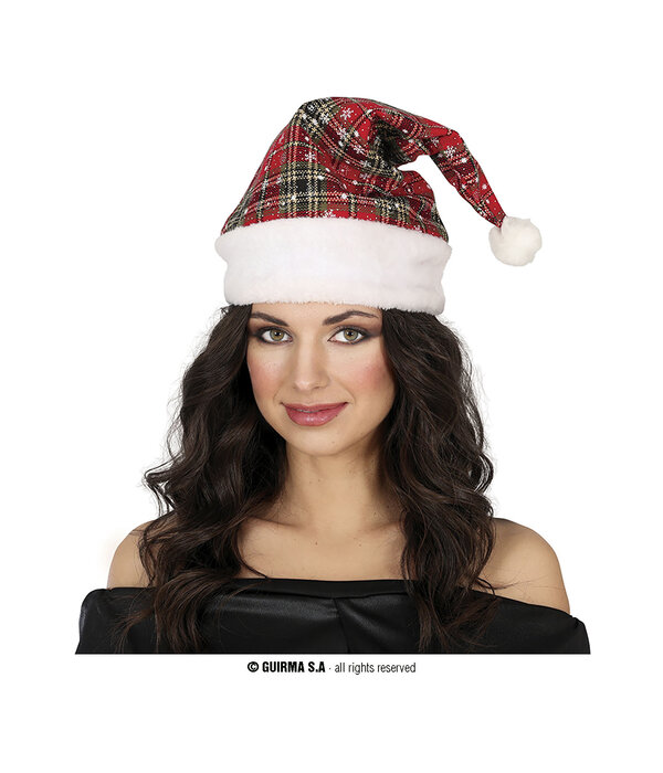 Kerstmuts Geruit Groen/Rood Sneeuwvlokjes
