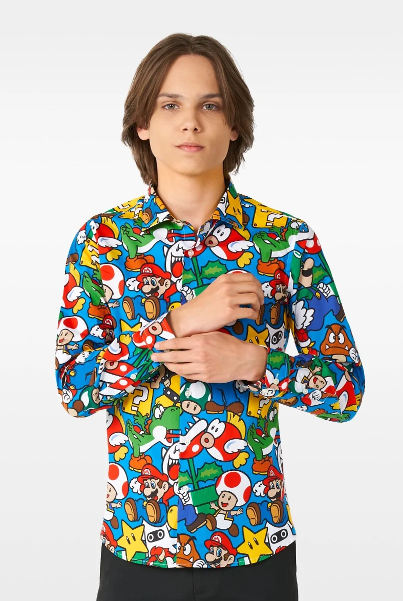 OppoSuits Lange Mouwen Overhemd Super Mario Teen Boys - Tiener Overhemd - Casual Gaming Nintendo Shirt - Meerkleurig - Maat EU 134/140