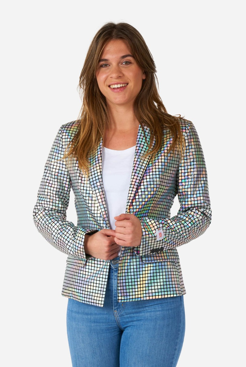 OppoSuits Discoballer - Dames Blazer - Glimmend Disco Bal Colbert - Zilver - Maat: EU 38