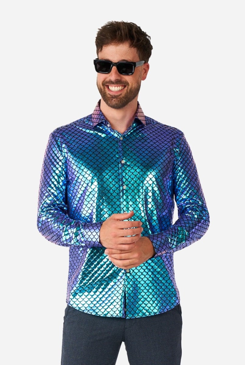 OppoSuits Shirt - Fancy Fish - Heren Overhemd - Glimmend Shirt - Blauw - Maat: L