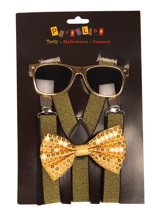 Gouden verkleedset - 3 delige feestset - Bril ,strikje en bretellen