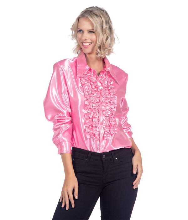 Ruchesblouse satijn roze