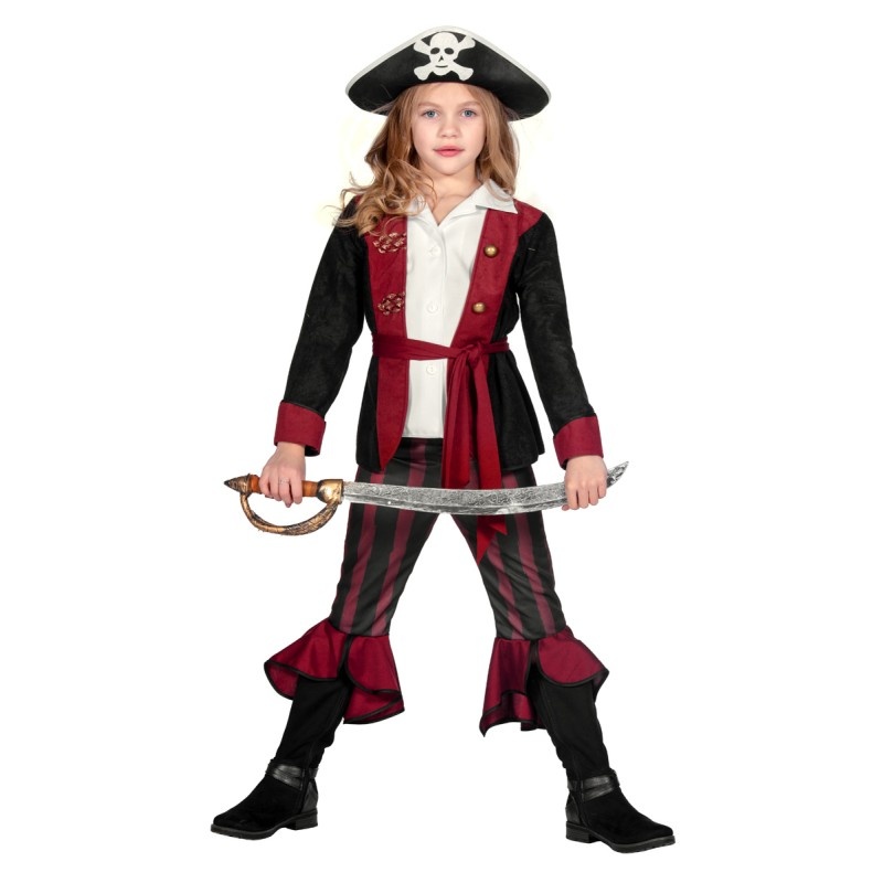 Wilbers & Wilbers - Piraat & Viking Kostuum - Brute Piraat Praatgraag - Meisje - Rood, Zwart - Maat 152 - Carnavalskleding - Verkleedkleding
