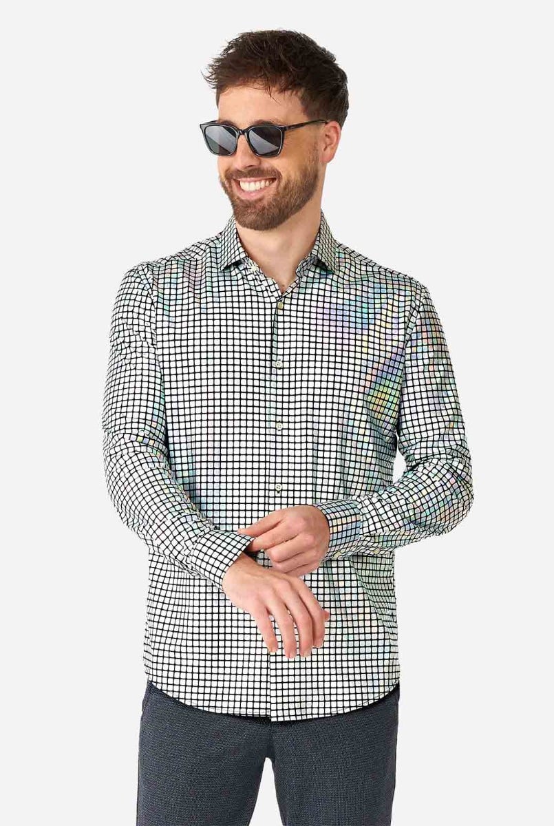 OppoSuits Shirt - Discoballer - Heren Overhemd - Glimmend Disco Bal Shirt - Discobal Zilver - Maat: S