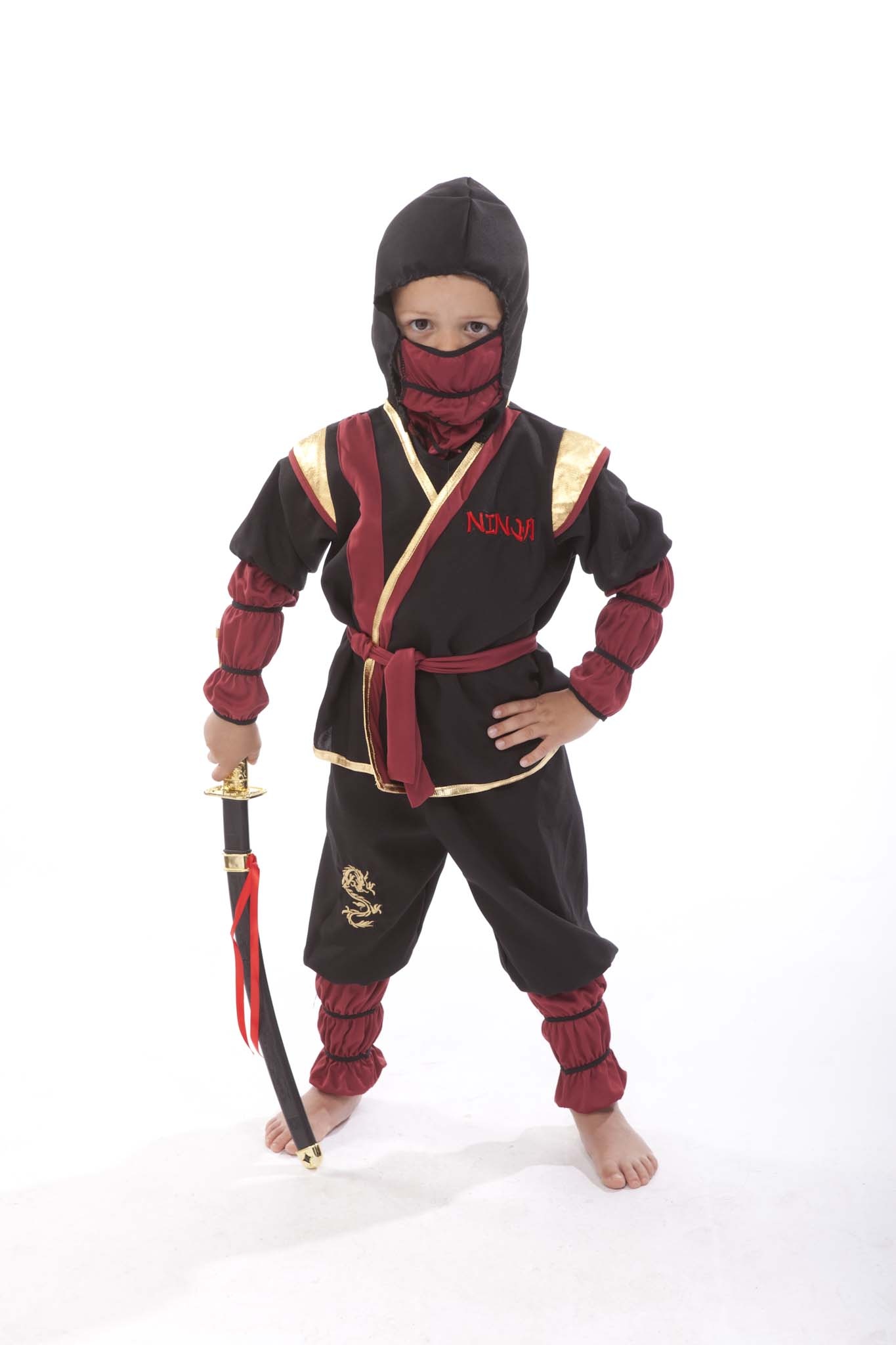 Ninja Kostuum Zwart-Goud-Rood Kind