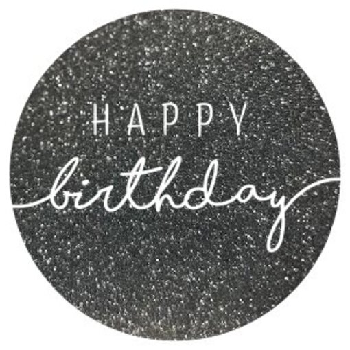 Stickers Rond ’Happy Birthday’ Glitter Antraciet/Wit
