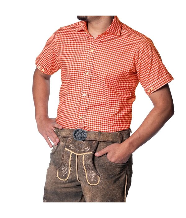 Trachten Hemd Oranje geblokt Korte Mouw