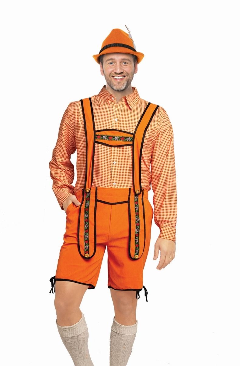 Partychimp Voordelige Korte Oranje Lederhosen Man voor bij EK WK Koningsdag Verkleedkleren Volwassenen Oranje Verkleedkleding Oktoberfest Heren Carnavalskleding Heren Verkleedklere