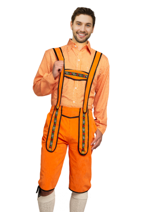 Partychimp Voordelige Lange Oranje Lederhosen Man voor bij EK WK Koningsdag Verkleedkleren Volwassenen Oranje Verkleedkleding Oktoberfest Heren Carnavalskleding Heren Verkleedklere