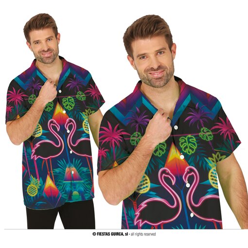 Overhemd Flamingo Neon Tropisch Korte Mouw