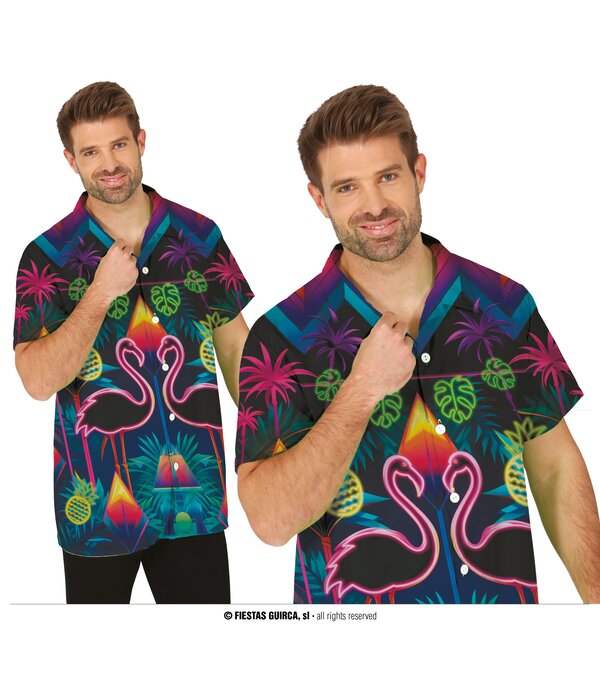 Overhemd Flamingo Neon Tropisch Korte Mouw